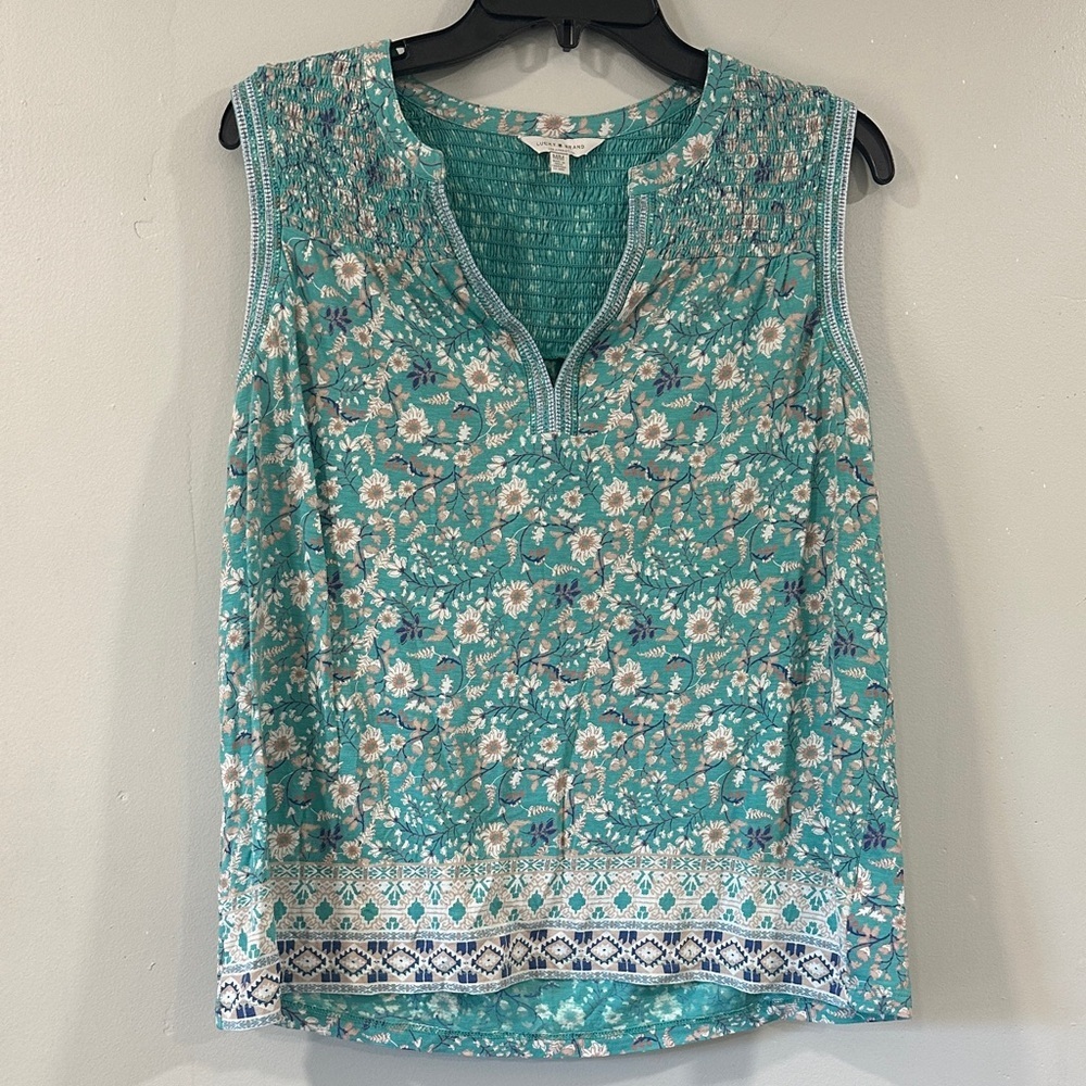 Lucky Brand Teal Floral Blouse size M short sleeve 100% cotton